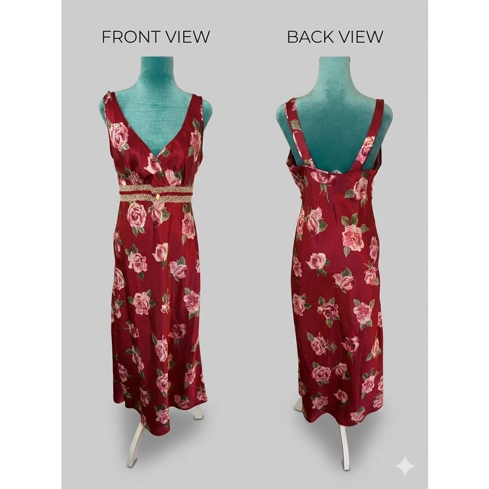 Vtg 90s Burgundy Floral Satin Slip Dress Lace Empire Waist Rose Whimsigoth Midi